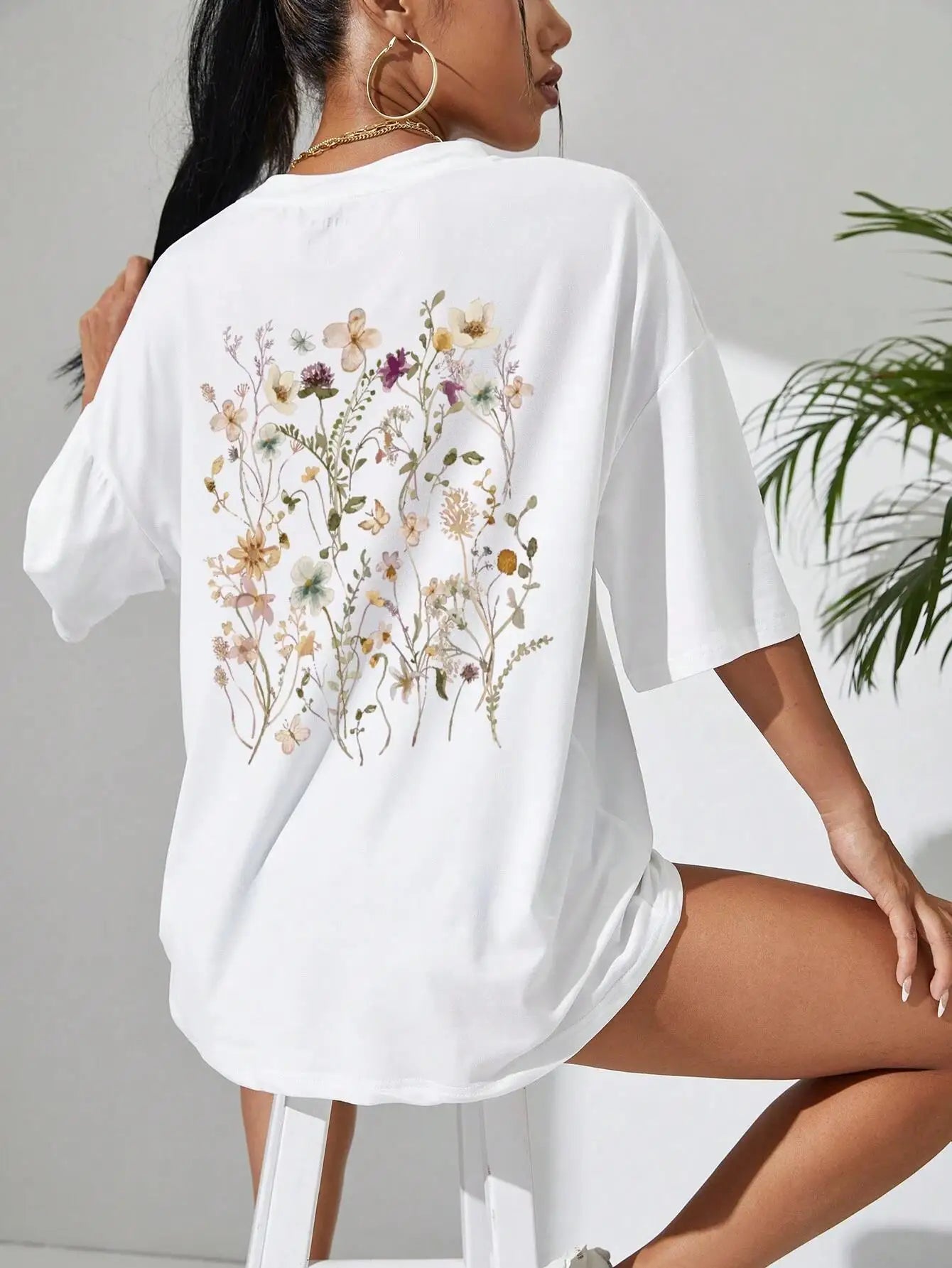 Beautiful Flower Clusters Print Cotton Women T-Shirts Casual Breathable Soft Short Sleeve Tops Loose Comfortable Street Clothes