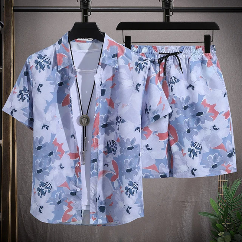 Men'S Hawaiian Beach Set Single Breasted Short Sleeve Shirt and Shorts Casual Summer Vacation Travel Outfit