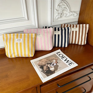 Vertical Stripe Waterproof Cosmetic Bag for Women with Makeup Case, and Traveling Pencil Bag