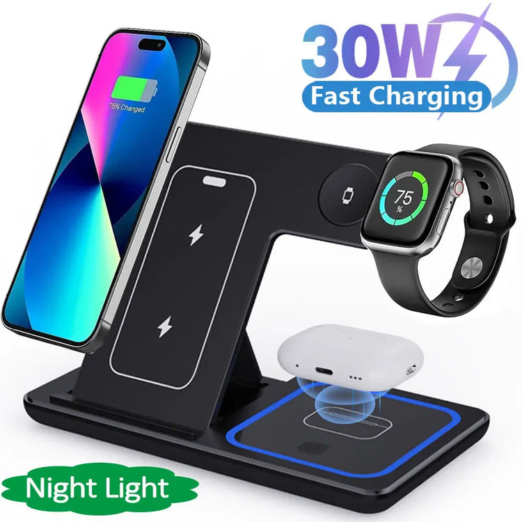 Wireless Charger Stand with Foldable 3-in-1 Fast Charging Station for iPhone, Apple Watch, and Airpods Pro