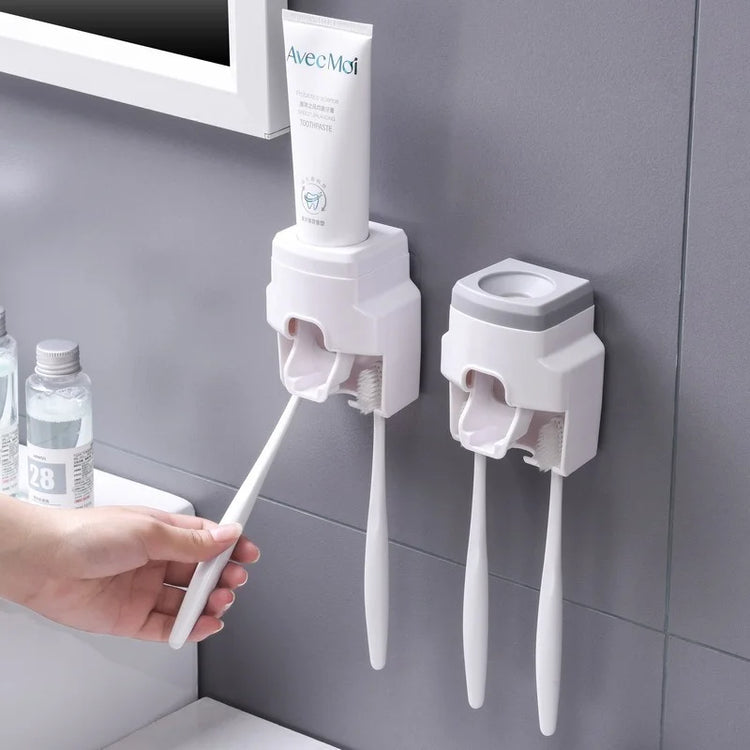 Wall-Mounted Automatic Toothpaste Dispenser with Toothbrush Holder - Bathroom Accessories