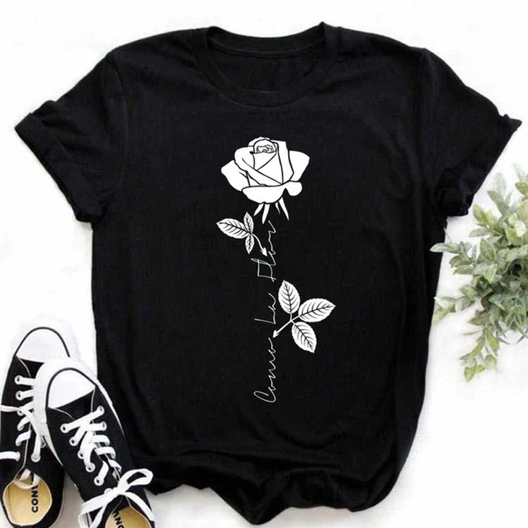 Maycaur New Fashion Gold Rose Print Women T Shirt Harajuku Short Sleeves Tshirts Casual O-Neck Top Tee Shirt Women Black T-Shirt