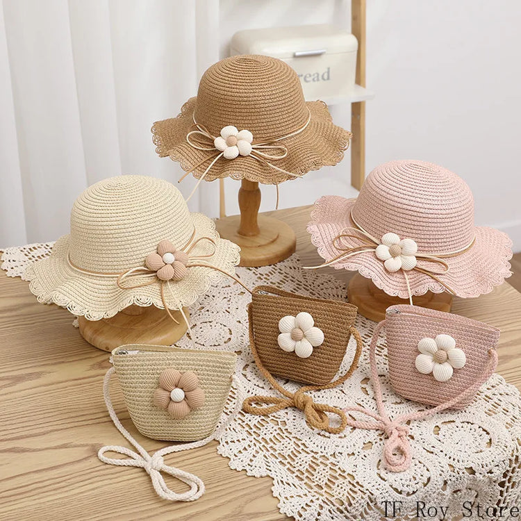 Kids Girls Flower Summer Caps Fashion Children Sunscreen Sun Hat Straw Hat Bag for Beach Baby Accessories for 2-8 Years Kids