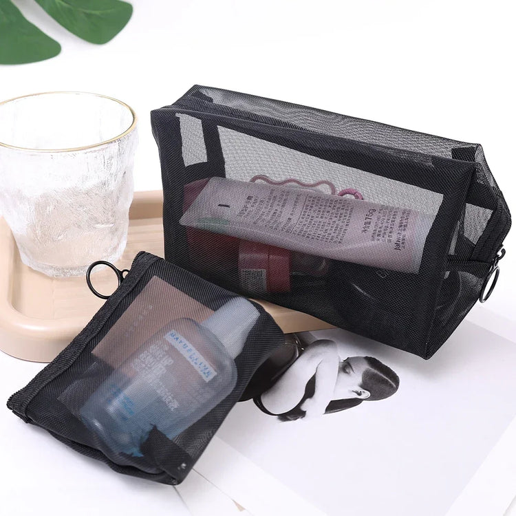 Mesh Transparent Cosmetic Bags Set - Small, Large, and Black - Portable Travel Toiletry Organizer with Lipstick Storage