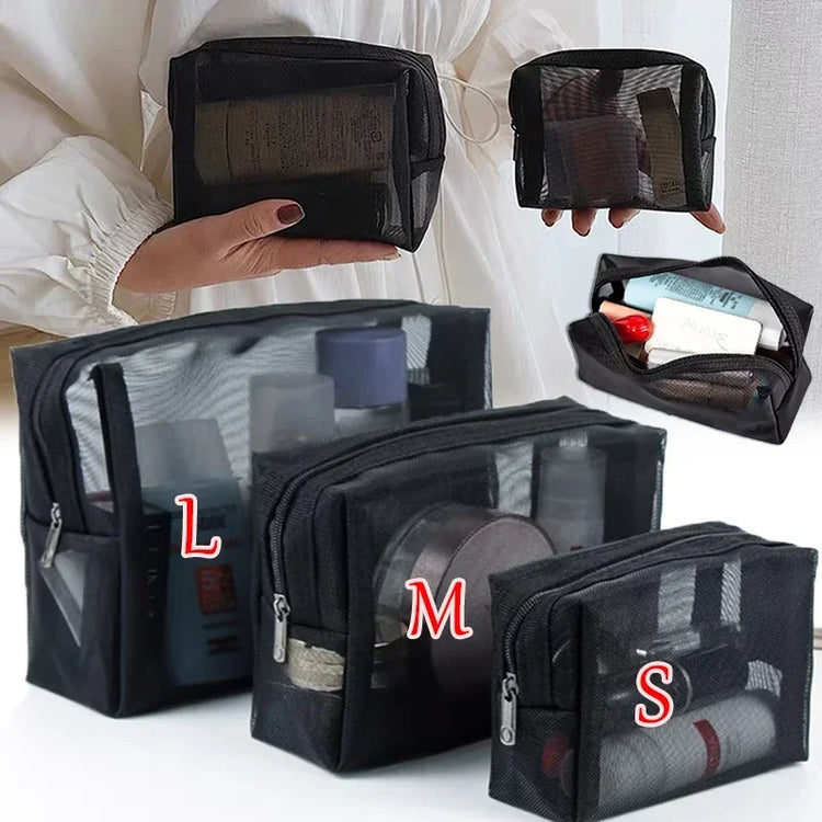 Mesh Transparent Cosmetic Bags Set - Small, Large, and Black - Portable Travel Toiletry Organizer with Lipstick Storage