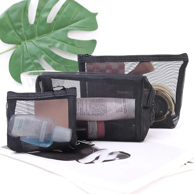 Mesh Transparent Cosmetic Bags Set - Small, Large, and Black - Portable Travel Toiletry Organizer with Lipstick Storage