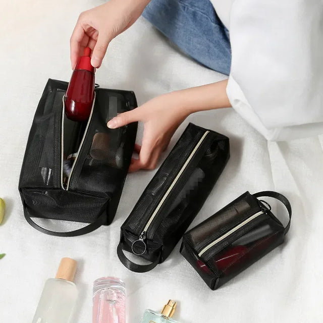 Mesh Transparent Cosmetic Bags Set - Small, Large, and Black - Portable Travel Toiletry Organizer with Lipstick Storage