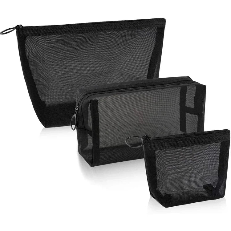 Mesh Transparent Cosmetic Bags Set - Small, Large, and Black - Portable Travel Toiletry Organizer with Lipstick Storage