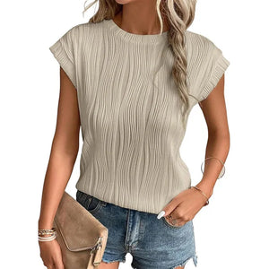 Womens Short Sleeve Textured Tops Crewneck Knit Solid Loose Casual Basic T Shirts Tee Blouses