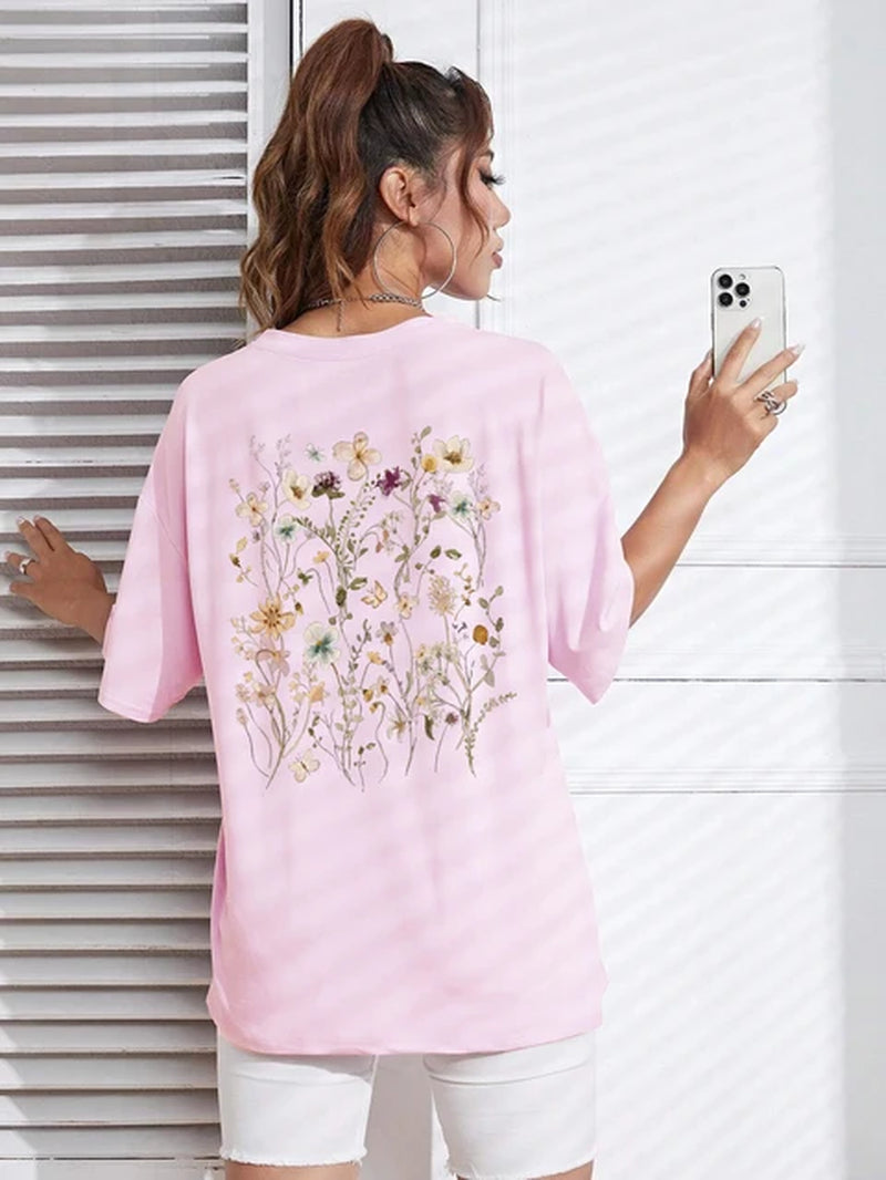 Beautiful Flower Clusters Print Cotton Women T-Shirts Casual Breathable Soft Short Sleeve Tops Loose Comfortable Street Clothes