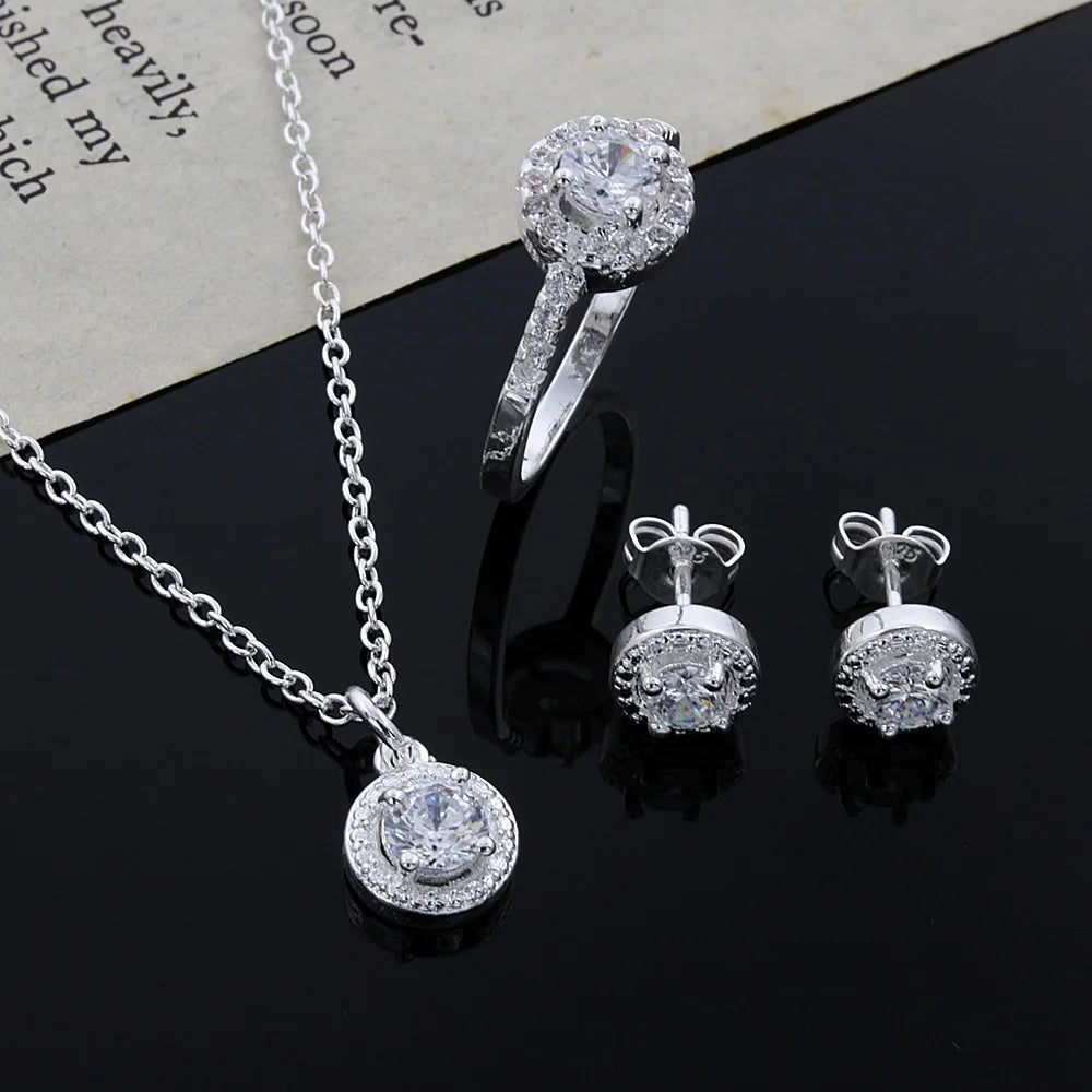 Hot Trend 925 Sterling Silver Crystal Pendant Necklace Earring Ring for Women Fashion Party Wedding Accessories Gift Jewelry Set