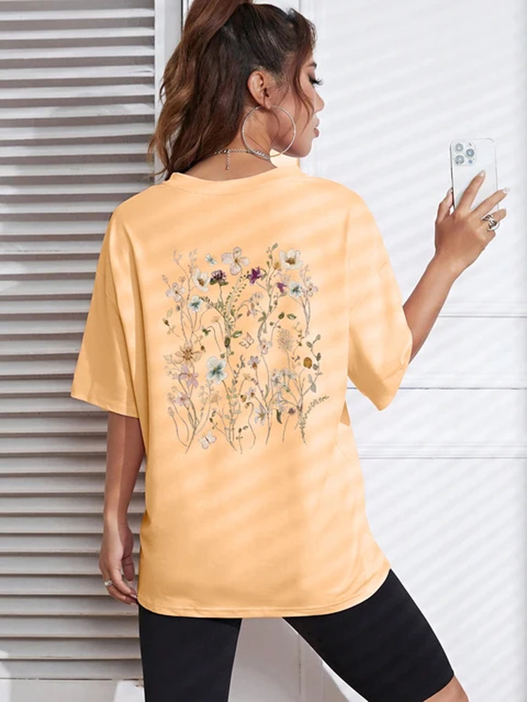 Beautiful Flower Clusters Print Cotton Women T-Shirts Casual Breathable Soft Short Sleeve Tops Loose Comfortable Street Clothes