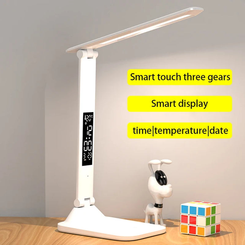 LED Desk Lamp Rechargeable with Alarm Clock Thermometer Dimmable Touch Foldable USB Charging Table Lamp Battery Night Light NEW