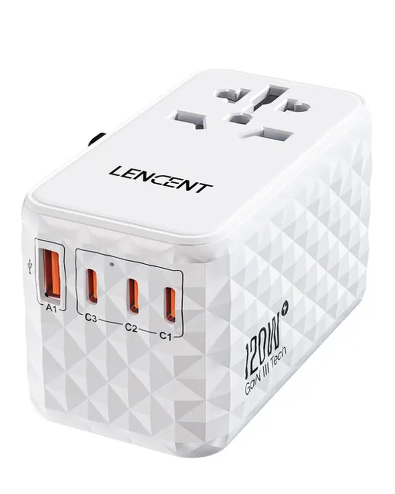 120W Gan Universal Travel Adapter With1 USB-A+3 Type-C All-In-One Adapter Fast Charger EU/UK/USA/AUS Plug for Travel