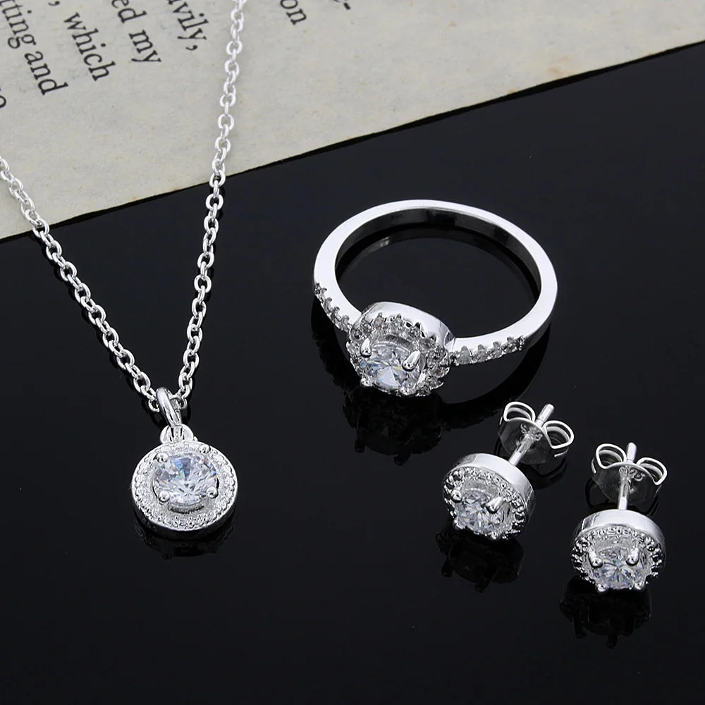 Hot Trend 925 Sterling Silver Crystal Pendant Necklace Earring Ring for Women Fashion Party Wedding Accessories Gift Jewelry Set