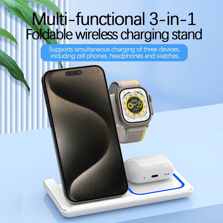 Wireless Charger Stand with Foldable 3-in-1 Fast Charging Station for iPhone, Apple Watch, and Airpods Pro