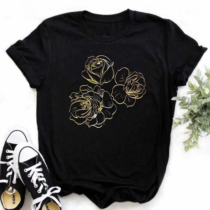 Maycaur New Fashion Gold Rose Print Women T Shirt Harajuku Short Sleeves Tshirts Casual O-Neck Top Tee Shirt Women Black T-Shirt