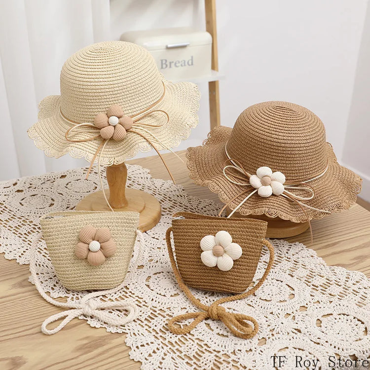 Kids Girls Flower Summer Caps Fashion Children Sunscreen Sun Hat Straw Hat Bag for Beach Baby Accessories for 2-8 Years Kids