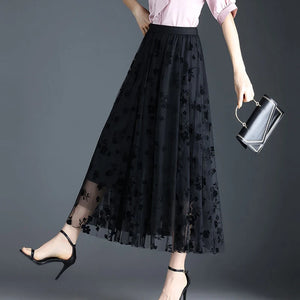 Korean Women Tulle Skirt Fashion Summer Hook Floral Loose Midi Skirt Elegant Female Casual All Match Mesh Skirts New