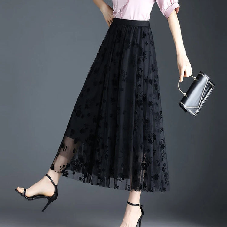 Korean Women Tulle Skirt Fashion Summer Hook Floral Loose Midi Skirt Elegant Female Casual All Match Mesh Skirts New