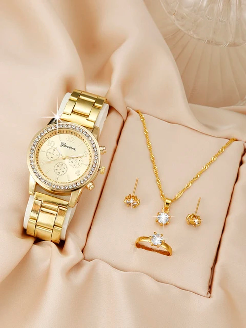 NEW 5Pcs Luxury Fashion Women Watch Set Alloy Strap Ladies Quartz Wristwatch Rhinestone Alloy Bracelet for Ladies Gift