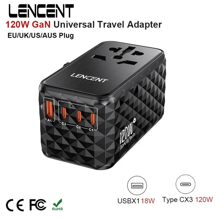 120W Gan Universal Travel Adapter With1 USB-A+3 Type-C All-In-One Adapter Fast Charger EU/UK/USA/AUS Plug for Travel