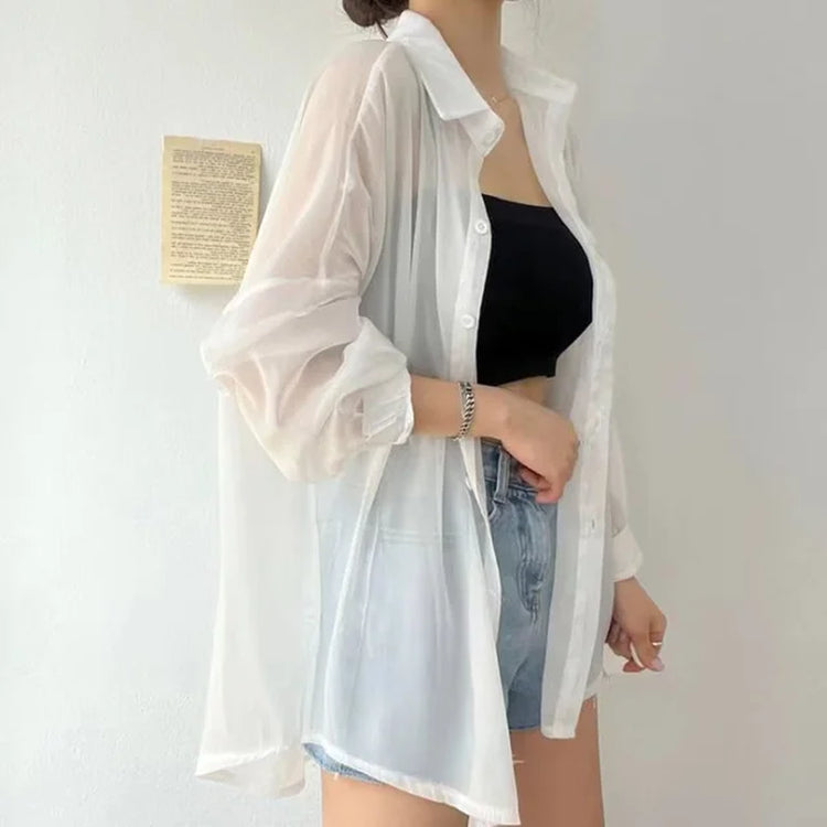 8 Colors Shirts Women Sheer Thin Chic Summer Simple Solid Sun-Proof Temper Fashion Baggy All-Match Basic Korean Style Clothes