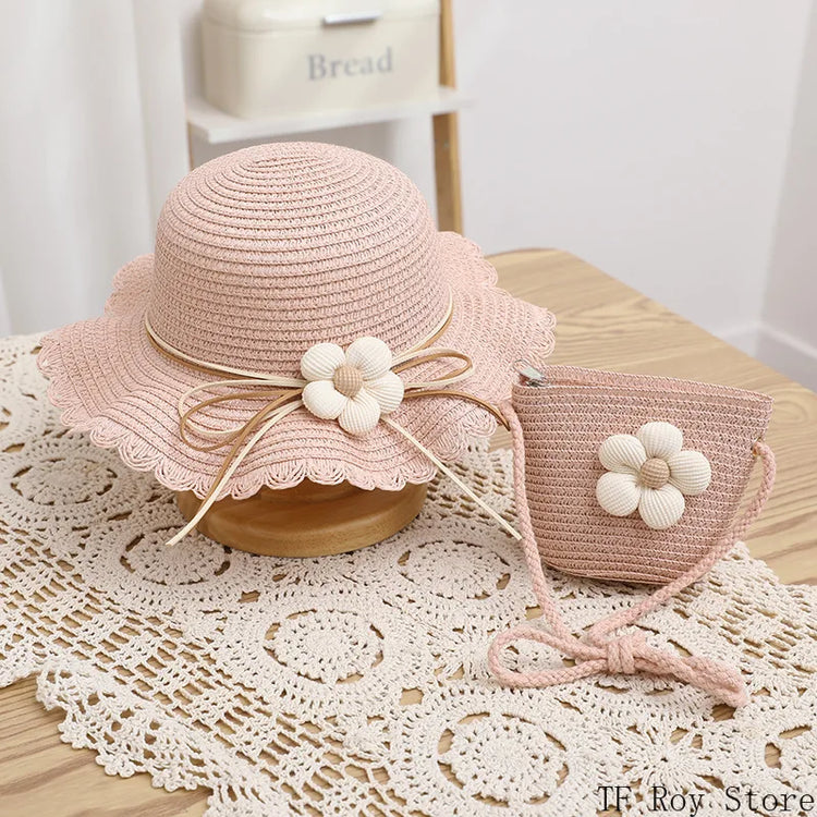 Kids Girls Flower Summer Caps Fashion Children Sunscreen Sun Hat Straw Hat Bag for Beach Baby Accessories for 2-8 Years Kids