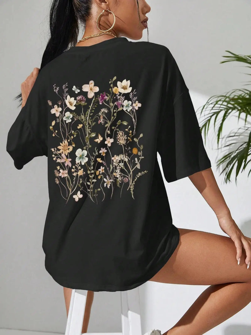 Beautiful Flower Clusters Print Cotton Women T-Shirts Casual Breathable Soft Short Sleeve Tops Loose Comfortable Street Clothes