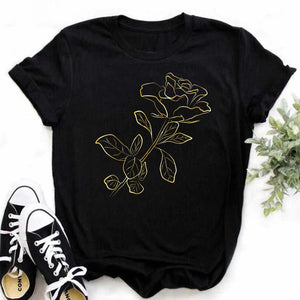 Maycaur New Fashion Gold Rose Print Women T Shirt Harajuku Short Sleeves Tshirts Casual O-Neck Top Tee Shirt Women Black T-Shirt