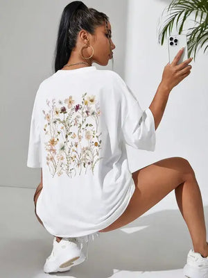 Beautiful Flower Clusters Print Cotton Women T-Shirts Casual Breathable Soft Short Sleeve Tops Loose Comfortable Street Clothes