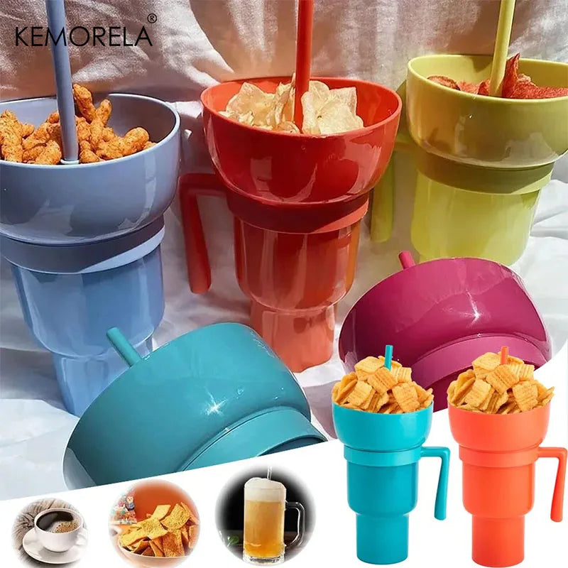 2-in-1 Creative Popcorn Snack Cup with Integrated Beverage Cup and Handle