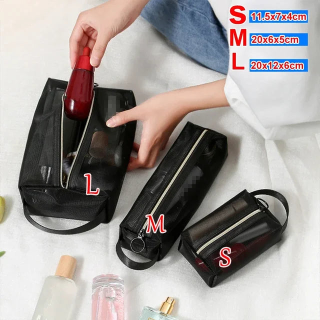 Mesh Transparent Cosmetic Bags Set - Small, Large, and Black - Portable Travel Toiletry Organizer with Lipstick Storage