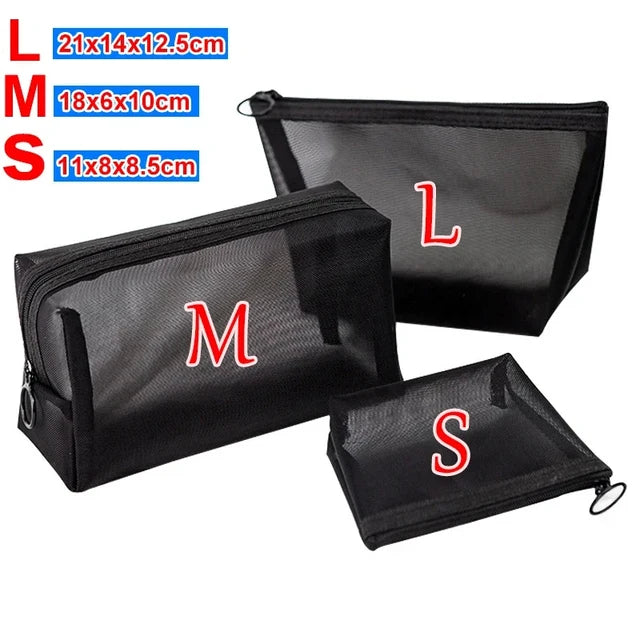 Mesh Transparent Cosmetic Bags Set - Small, Large, and Black - Portable Travel Toiletry Organizer with Lipstick Storage