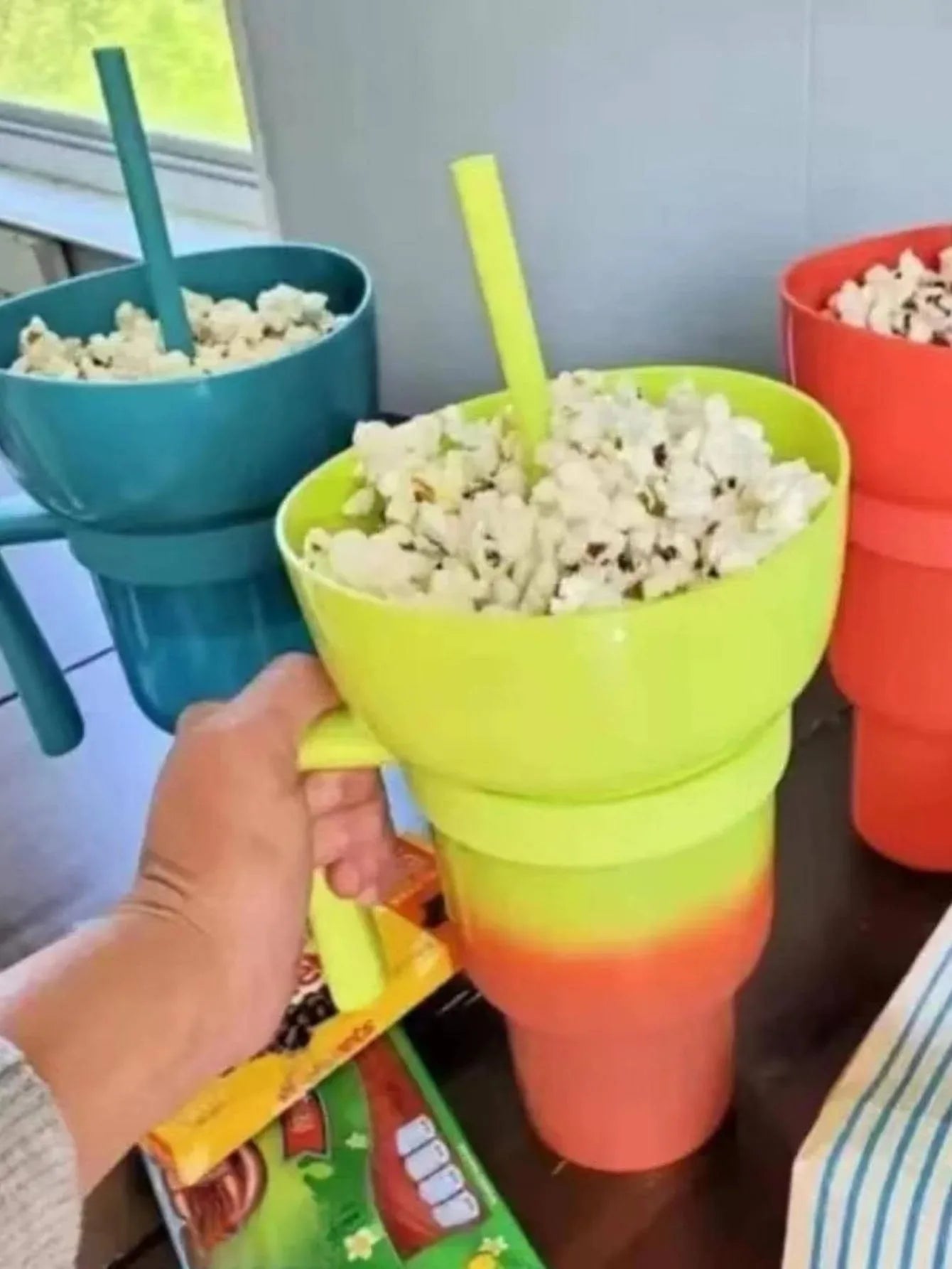 2-in-1 Creative Popcorn Snack Cup with Integrated Beverage Cup and Handle