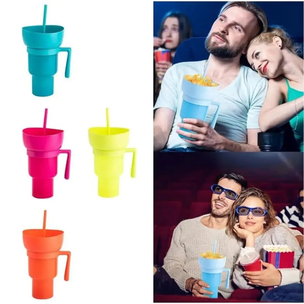 2-in-1 Creative Popcorn Snack Cup with Integrated Beverage Cup and Handle