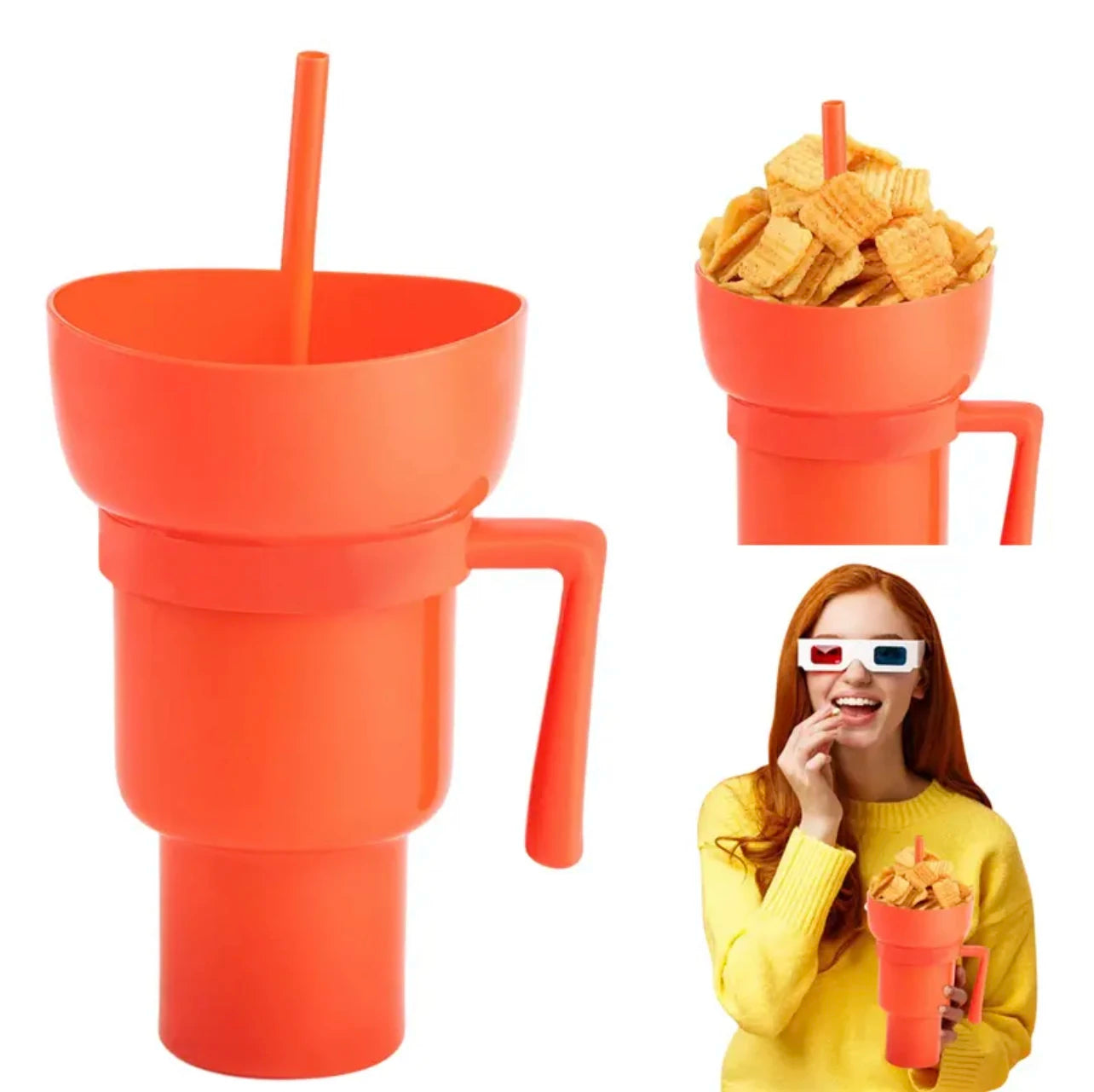 2-in-1 Creative Popcorn Snack Cup with Integrated Beverage Cup and Handle