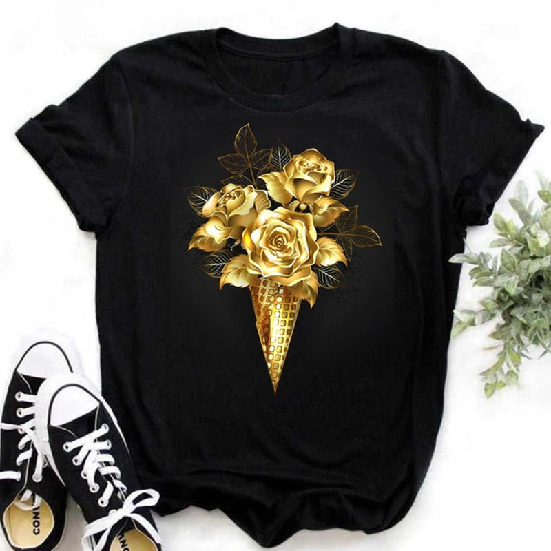 Maycaur New Fashion Gold Rose Print Women T Shirt Harajuku Short Sleeves Tshirts Casual O-Neck Top Tee Shirt Women Black T-Shirt