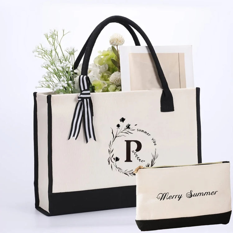 Trendy Letter Floral Print Tote Bag Set with Large Capacity Shoulder Bag and Coin Purse - 2 Pieces