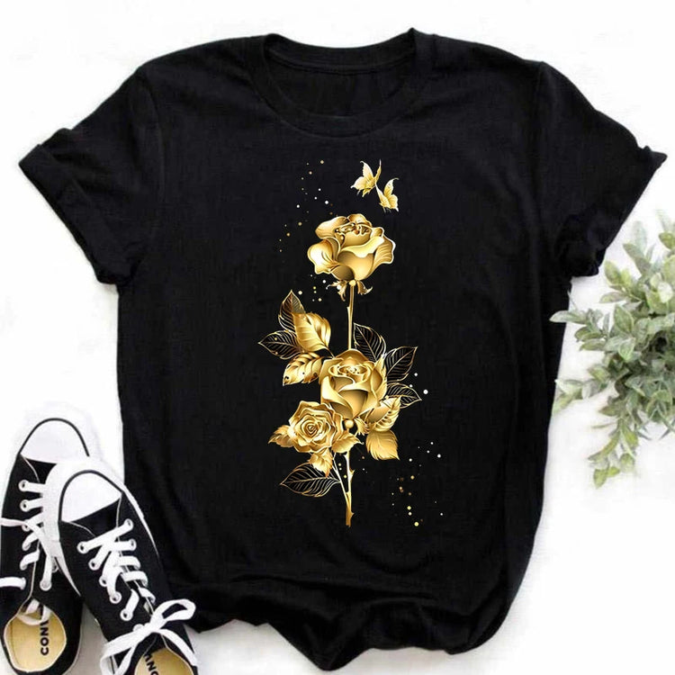 Maycaur New Fashion Gold Rose Print Women T Shirt Harajuku Short Sleeves Tshirts Casual O-Neck Top Tee Shirt Women Black T-Shirt