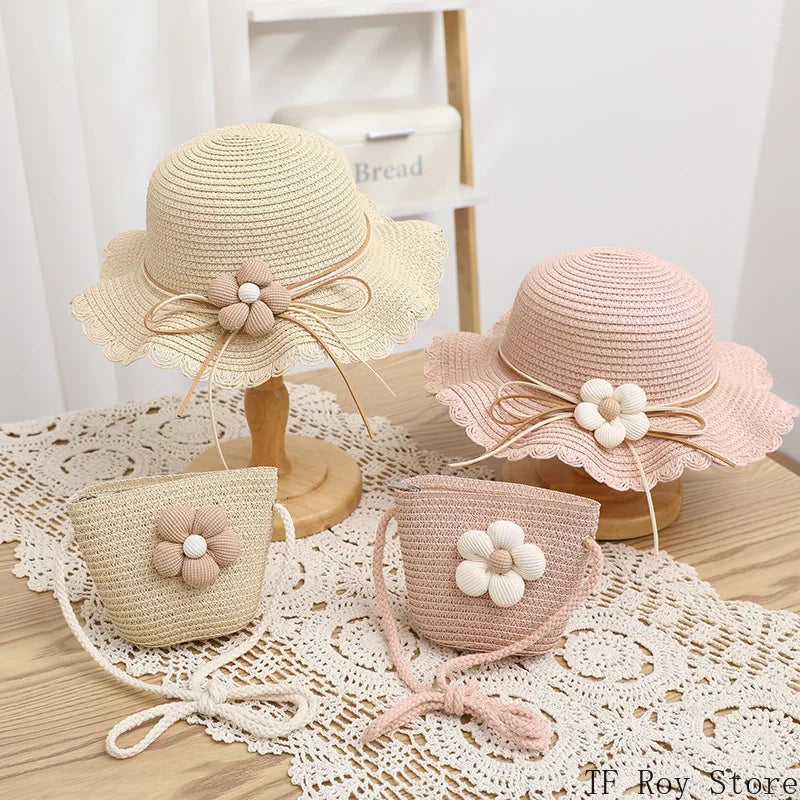 Kids Girls Flower Summer Caps Fashion Children Sunscreen Sun Hat Straw Hat Bag for Beach Baby Accessories for 2-8 Years Kids