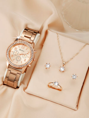 NEW 5Pcs Luxury Fashion Women Watch Set Alloy Strap Ladies Quartz Wristwatch Rhinestone Alloy Bracelet for Ladies Gift