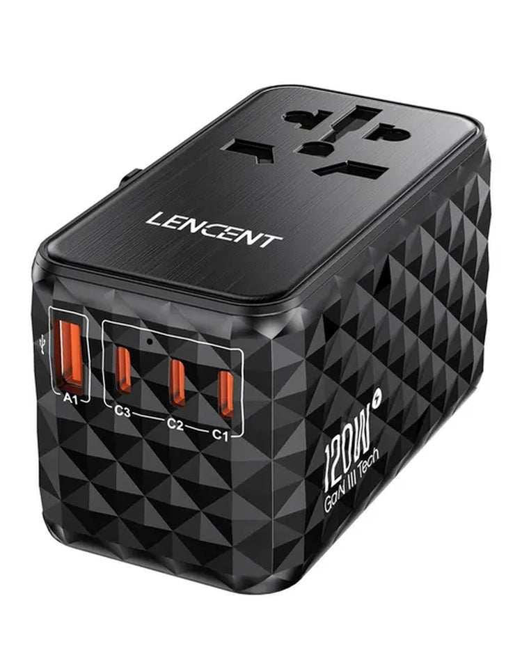 120W Gan Universal Travel Adapter With1 USB-A+3 Type-C All-In-One Adapter Fast Charger EU/UK/USA/AUS Plug for Travel