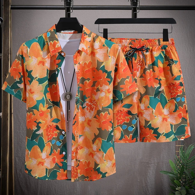 Men'S Hawaiian Beach Set Single Breasted Short Sleeve Shirt and Shorts Casual Summer Vacation Travel Outfit