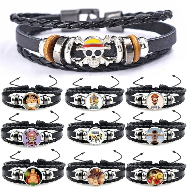 Figurine One Piece Anime Bracelet PU Luffy Bracelet Cosplay Props Straw Hat Pirate Jewelry Props Toys Kids Birthday Gift