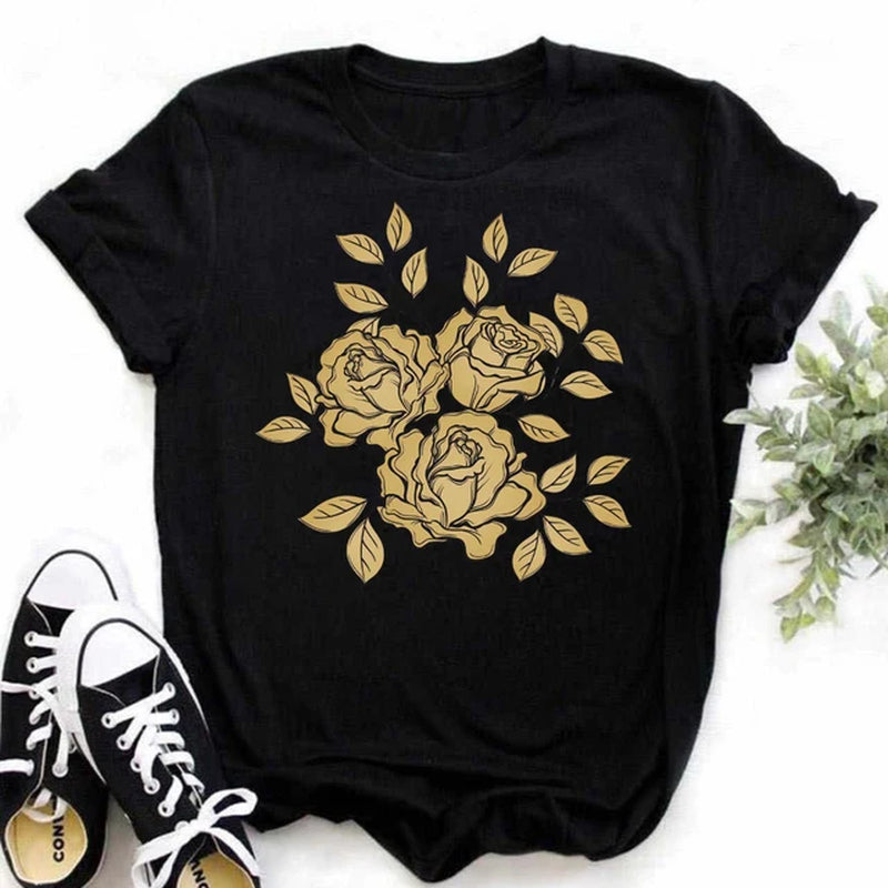 Maycaur New Fashion Gold Rose Print Women T Shirt Harajuku Short Sleeves Tshirts Casual O-Neck Top Tee Shirt Women Black T-Shirt