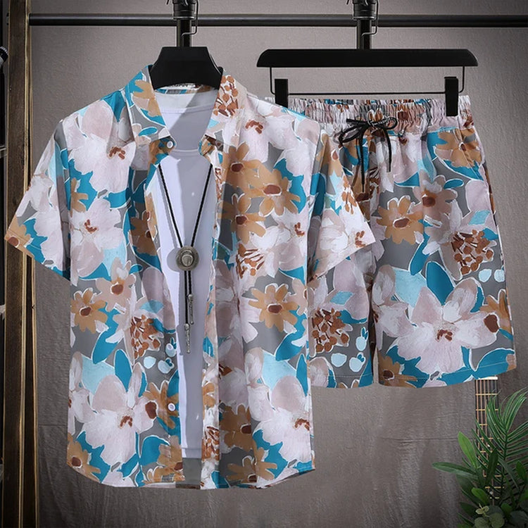 Men'S Hawaiian Beach Set Single Breasted Short Sleeve Shirt and Shorts Casual Summer Vacation Travel Outfit