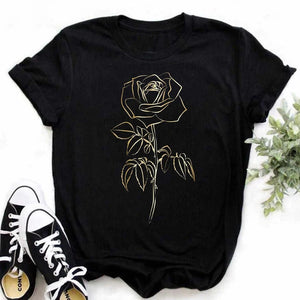 Maycaur New Fashion Gold Rose Print Women T Shirt Harajuku Short Sleeves Tshirts Casual O-Neck Top Tee Shirt Women Black T-Shirt