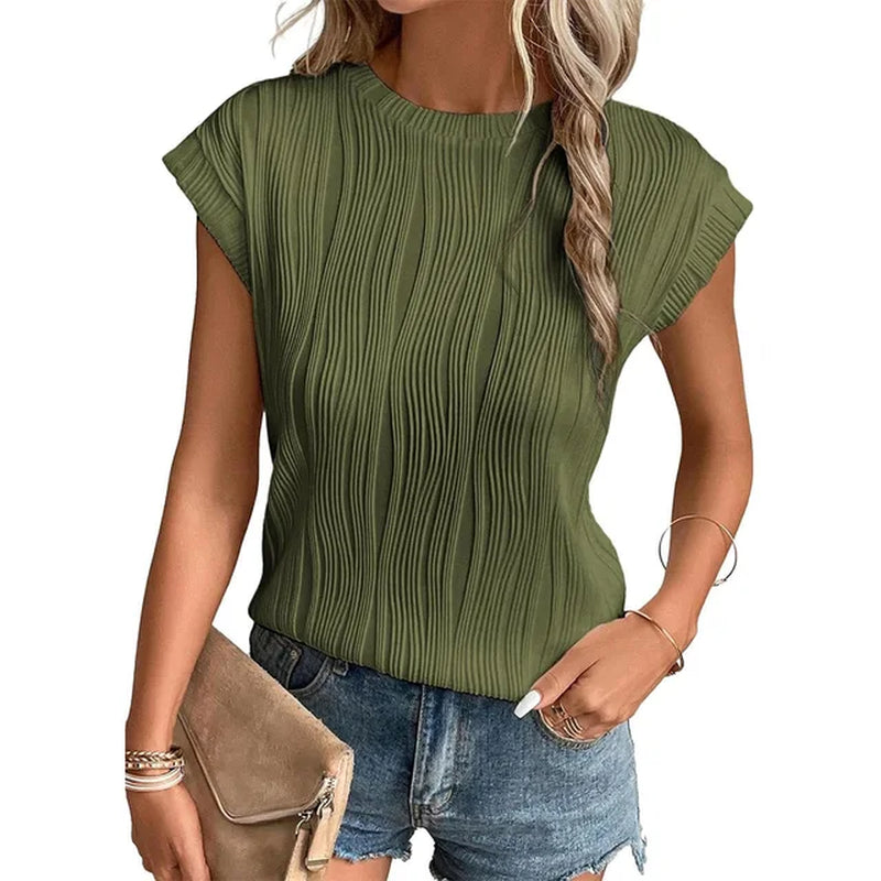 Womens Short Sleeve Textured Tops Crewneck Knit Solid Loose Casual Basic T Shirts Tee Blouses