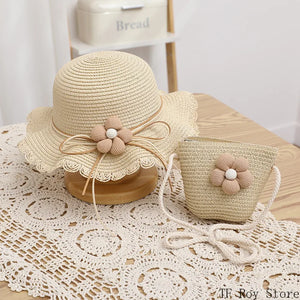 Kids Girls Flower Summer Caps Fashion Children Sunscreen Sun Hat Straw Hat Bag for Beach Baby Accessories for 2-8 Years Kids